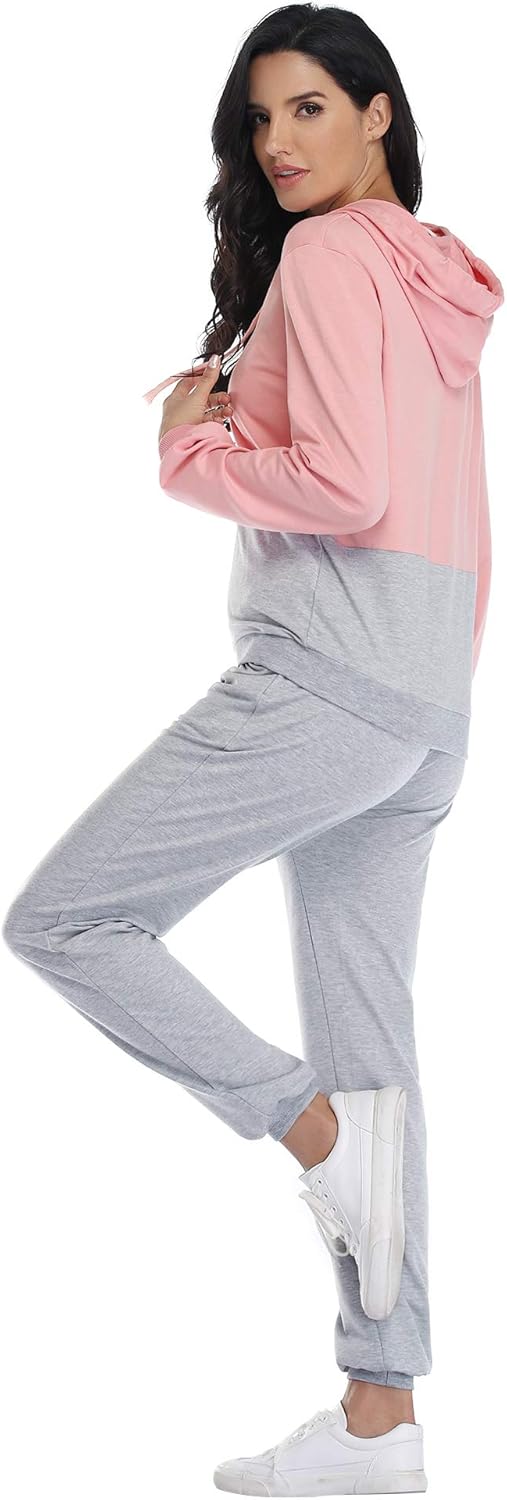 Aibrou Women's Casual 2pc Hooded Sweatsuit Color Block Tracksuit Set Full Zip Sweatshirts & Pants Set: Clothing