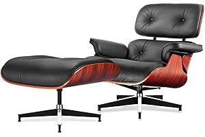 Asukale Top Black Grain Leather, Mid Century Chaise Lounge Chair and Ottoman, Modern Chair Classic Design, Heavy Duty Base Support for Living Room Study Lounge Office, Dark Rosewood, Heightening