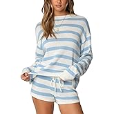 TUWIXIUW Women Striped Oversized Lounge Sets 2 Piece Long Sleeve Knit Sweater Top Mini Shorts Color Block Pajama Set