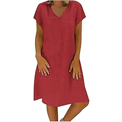 Women's Summer Cotton Linen Dress Loose V-Neck
