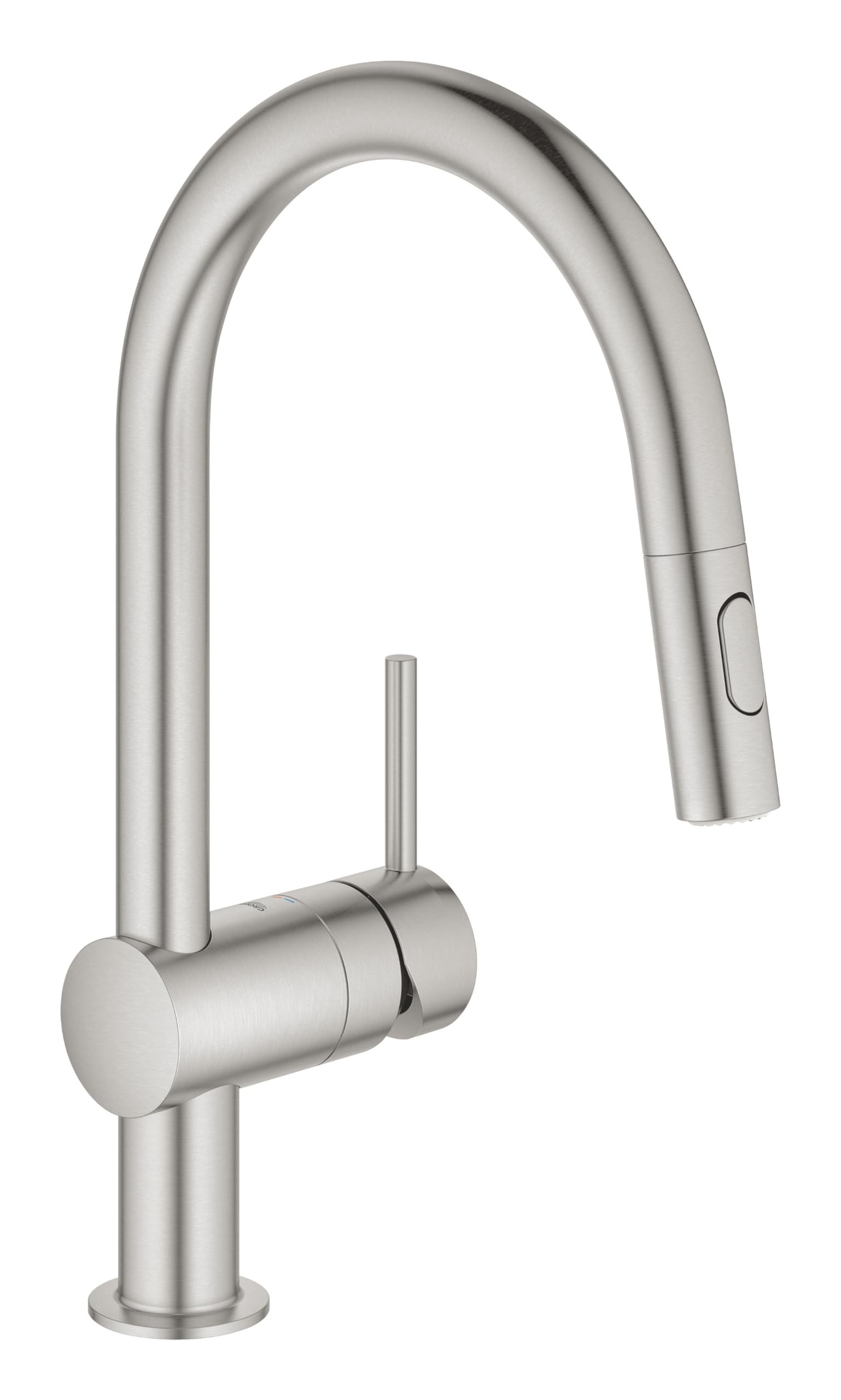 GROHE Minta – One Lever Kitchen Mixer Tap with Pull-Out Shower Head (2 Spray Options, High C-Spout, 360° Swivel Range, 46 mm Ceramic Cartridge, Easy to Install), Size 379 mm, Supersteel, 32321DC2