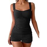 B2prity Women's Tankini Swimsuit Tummy Control Ruched Two Piece Bathing Suit Push Up Modest Swim Suits with Shorts