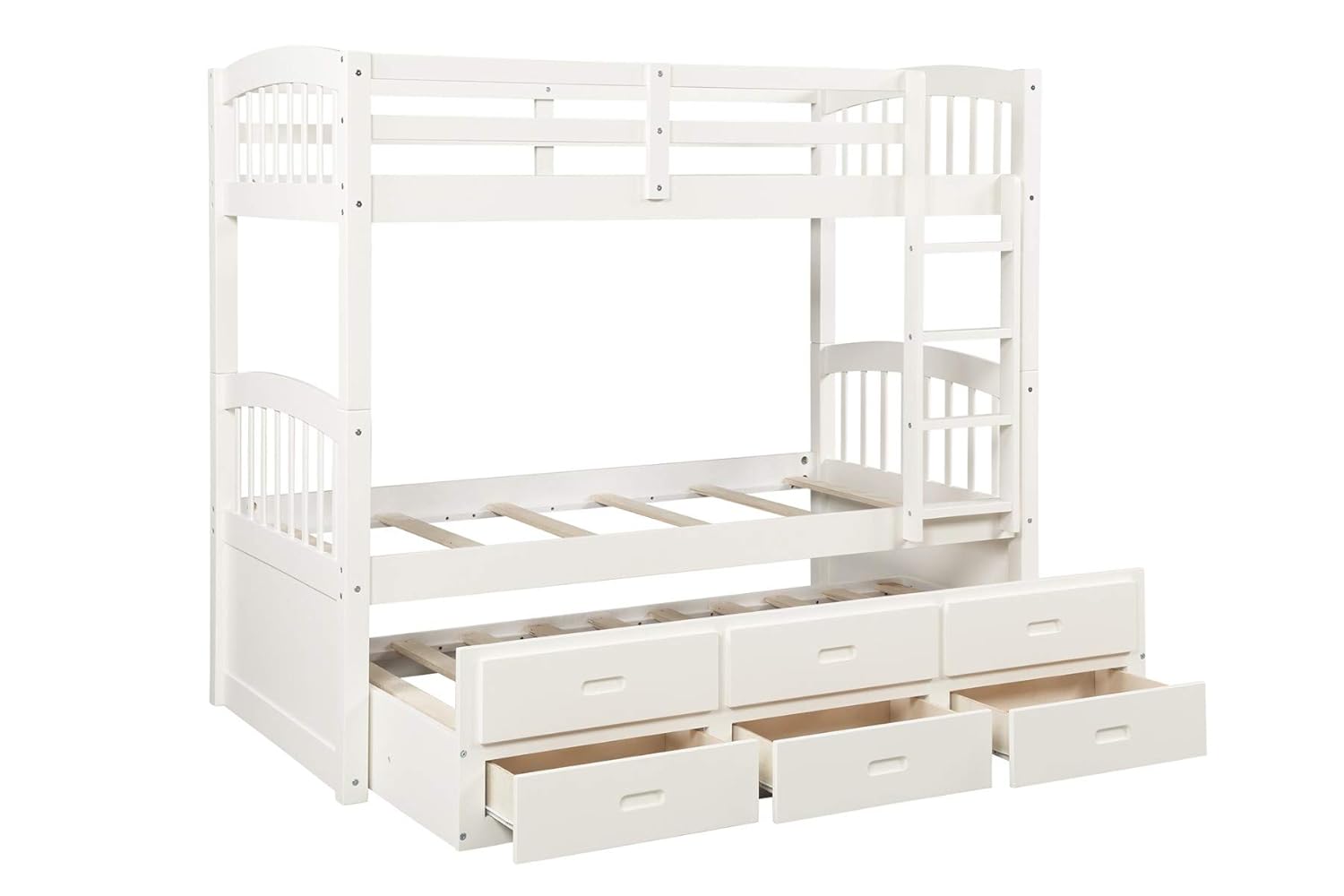 Detachable Twin Over Twin Wood Bunk Bed with Trundle,3 Drawers,Ladder & Guard Rail (White)
