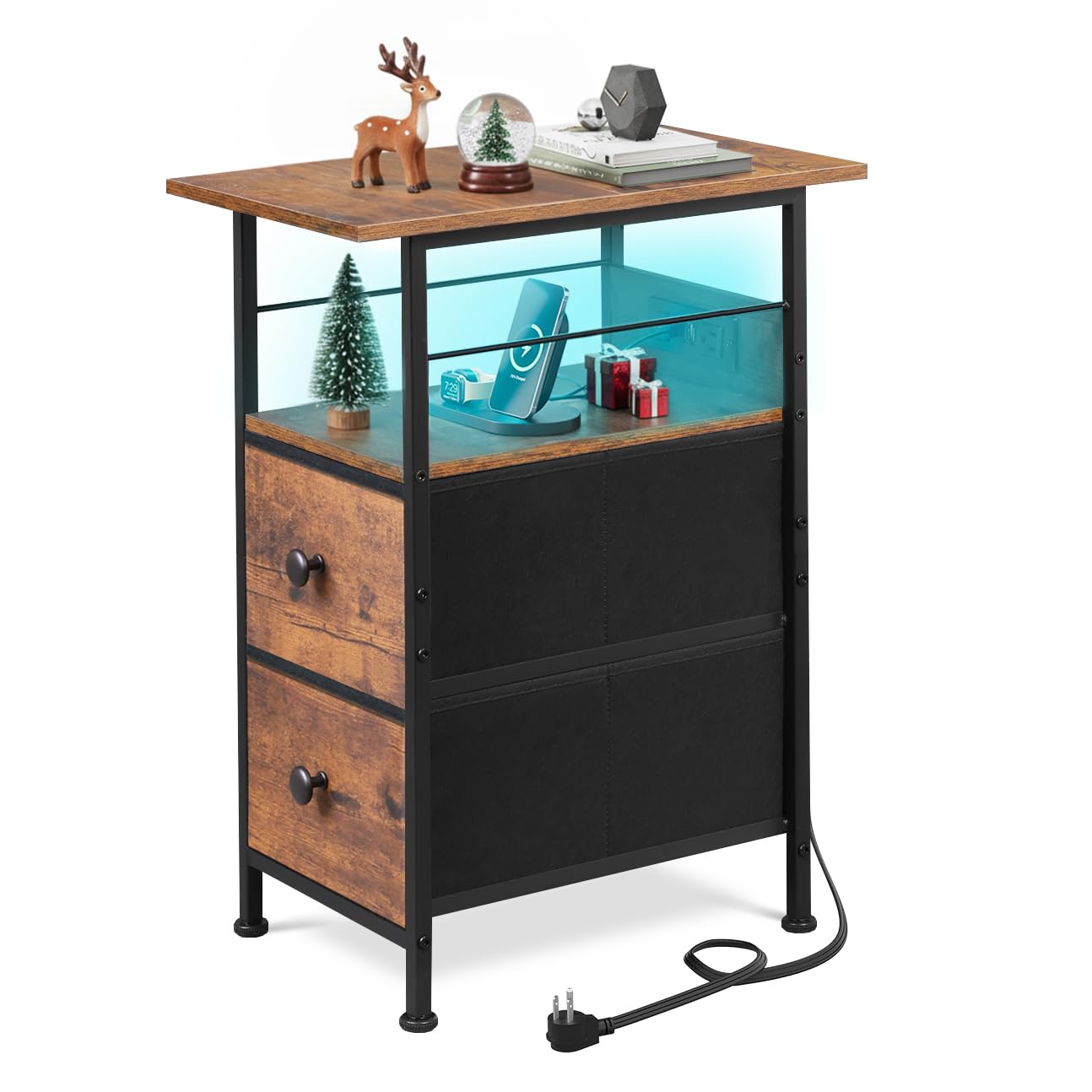 Photo 1 of **FOR PARTS ONLY/ MISSING ASSEMBLY PIECES** WLIVE Narrow Side Table with Charging Station, End Table with 2 Fabric Drawers, LED Lights and Open Shelf, Bed Side Tables Living Room, Small Spaces, Bedroom, Nightstand with Drawers