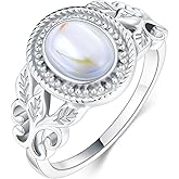 Silwan Moonstone Victorian Ring for Women, 925 Sterling Silver Rainbow Moon Stone Engagement Rings 6 * 8mm Oval Solitaire Vintage Leaf Ring Fine Jewelry Gifts for Her, Size 8