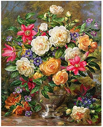 LanMent DIY Painting by Numbers European Rose, Drawing Paint by Number Kits for Adults Beginners Kids Teens Drawing with Brushes Canvas, 16x20inch