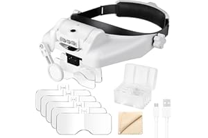 SUNJOYCO Headband Magnifier, 1X-14X Headset Magnifying Glass with Light, Head Mounted Magnifying Visor with 5 Lenses for Close Work