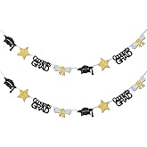 Vofrise Black and Gold Congrats Grad Banner Graduation Decorations Class of 2026 Glitter Star Grad Cap Certificate Bunting Garland for Graduation Party Supplies