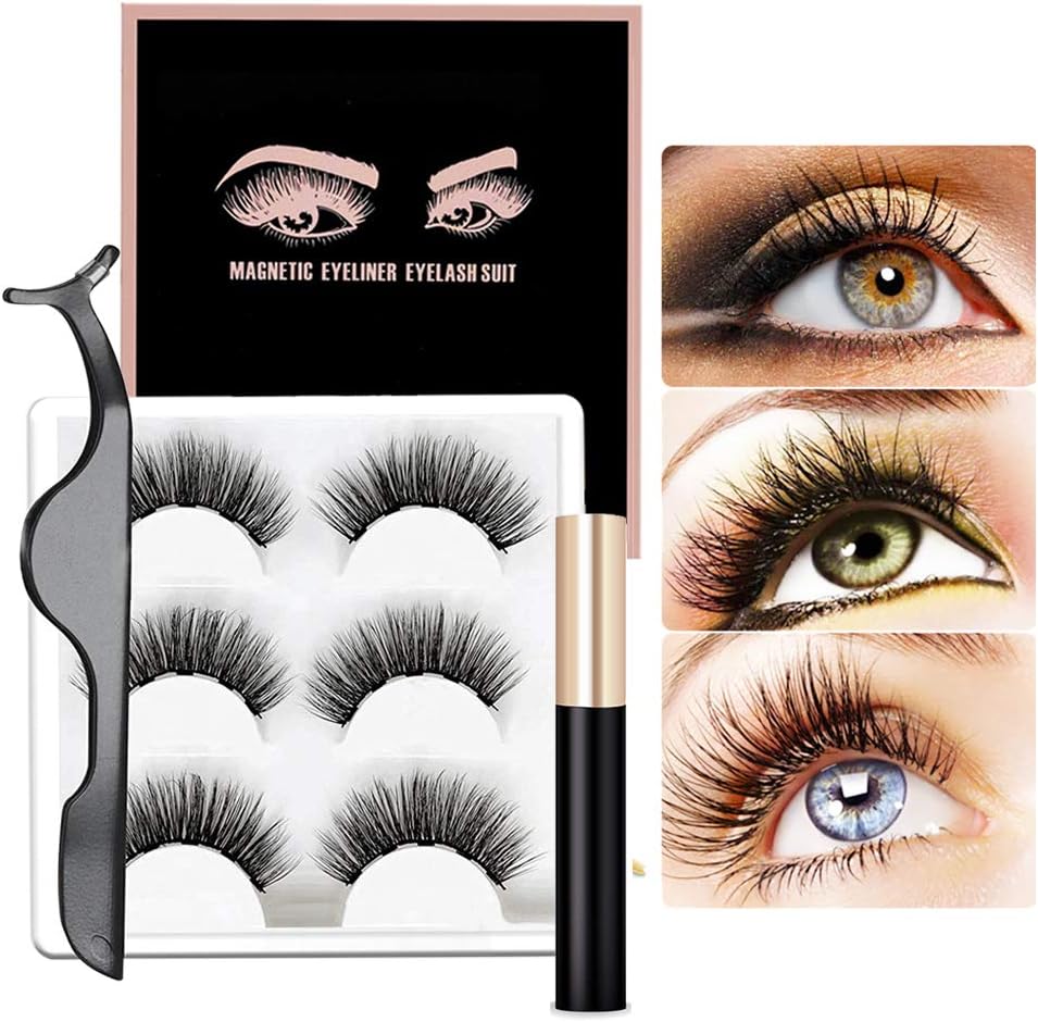 Magnetic Eyelashes and Eyeliner Kit 3D Magnet Lashes Natural Look and Dramatic Volume Waterproof Eye Liner Liquid Black No Glue Required Womens Lashliner Multipack 3 Pairs