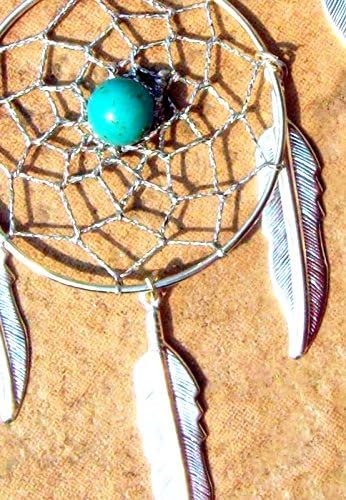 Silver Dream Catcher earrings (Large) with turquoise and three feathers- 3 and 3/4 inches long "BIG SKY", Native made, Choctaw handmade