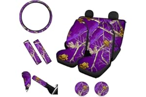 FKELYI Universal Car Seat Covers Full Set Purple Branches Camo Hunting Belt Shoulder Pads,Stretch Steering Wheel Cover,Gear Shift Cover,Handbrake Cover,Cup Coasters Dark Purple Camo
