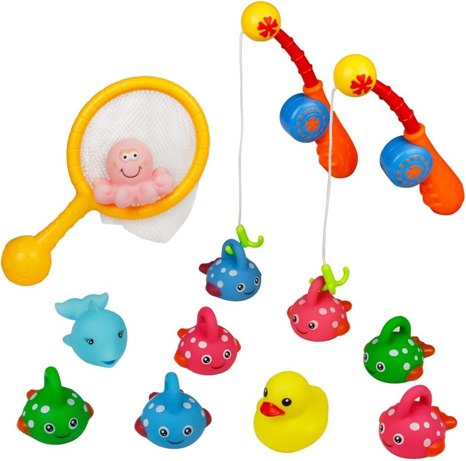 Animal Squirters Fishing Game, Water Pool Sounding Toy, Water Play Set, Duck Floating Set, Beach Toy Game 13 Pcs for Kids Aged 3+