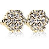 Small Iced 5A Cz Yellow Gold Plated 925 Sterling Silver Screw Back Post Honey Comb Flower Set Cluster Round Unisex Stud Hip Hop Trendy Style Circle Earrings For Men And Women