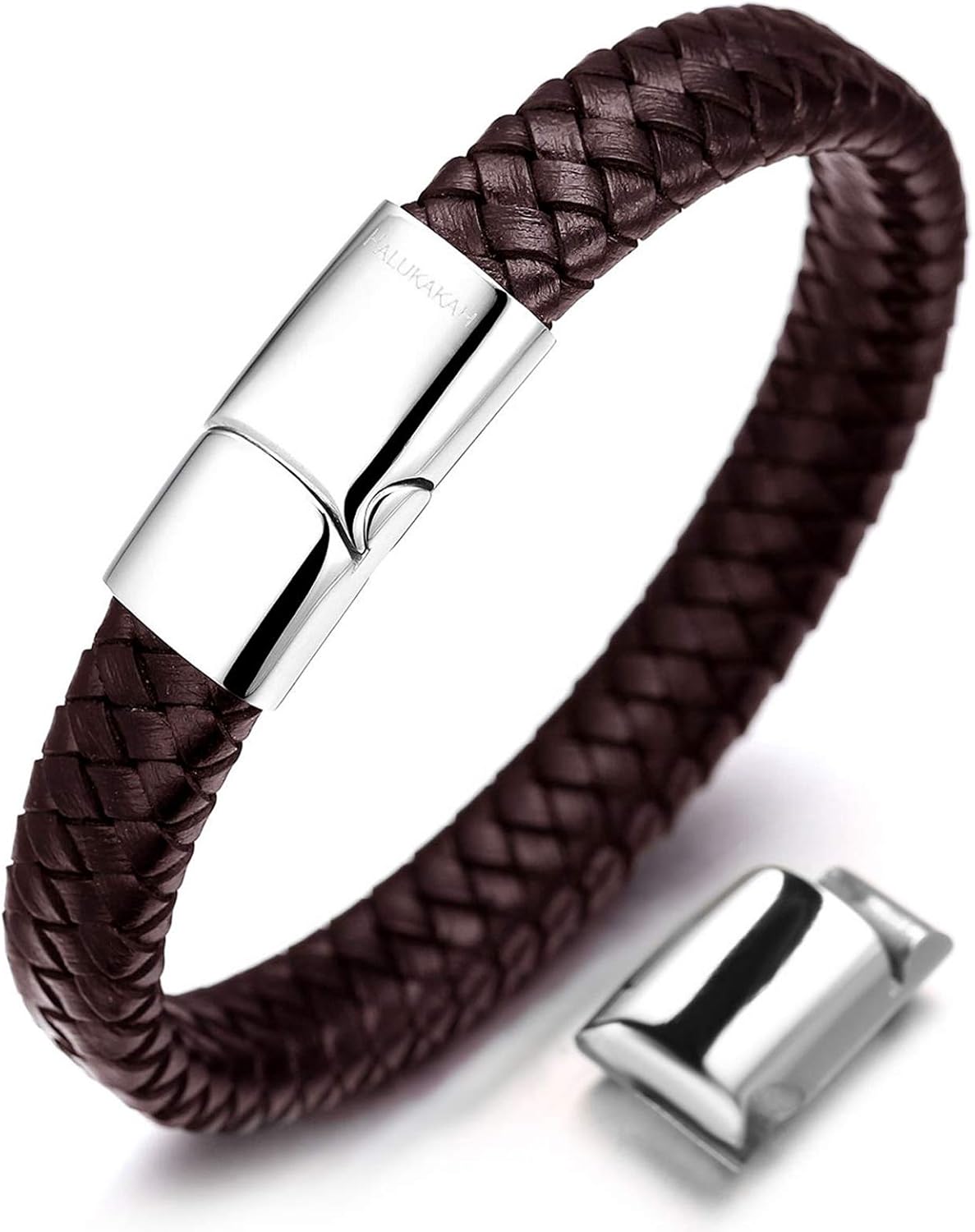 HALUKAKAH Plus ● Solo ● Men's Genuine Brown Leather Bracelet Classic Style Titanium Magentic Clasp Size Adjustable 8.46"-9"(21.5-23cm) with Free Giftbox
