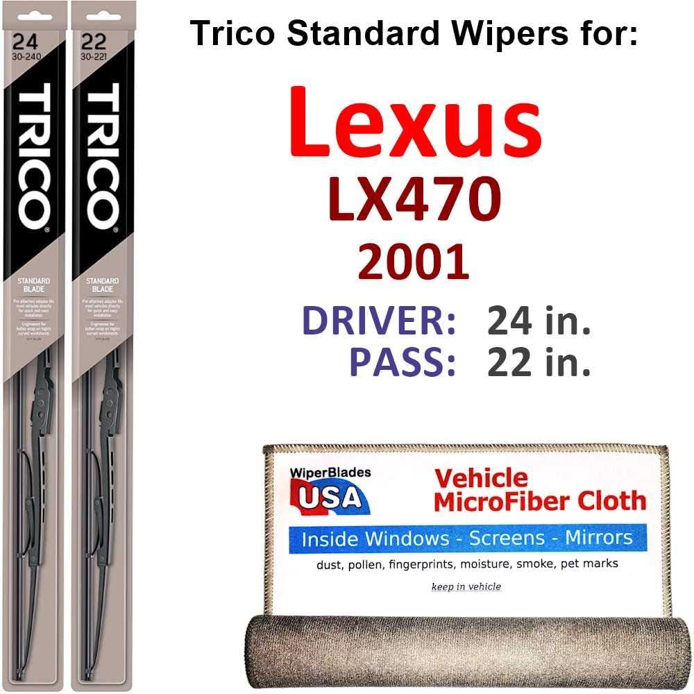 Wiper Blades for 2001 Lexus LX470 Driver & Passenger Trico Steel Wipers Set of 2 Bundled with Bonus MicroFiber Interior Car Cloth