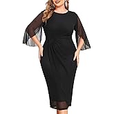 ZOMVA Womens Plus Size Mesh Cocktail Dress Petal 3/4 Sleeve Round Neck Wedding Guest Party Midi Dresses