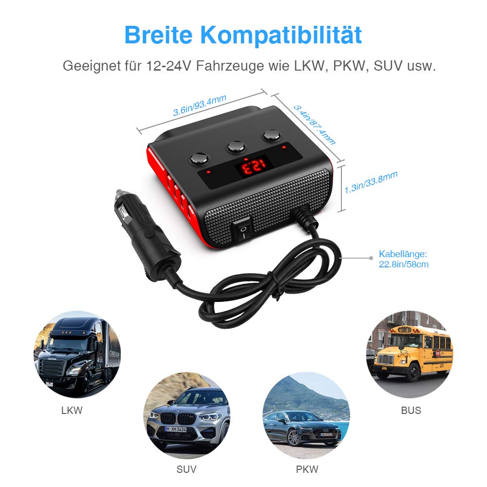 Auto Ladegerät Adapter, SONRU 3 Fach KFZ Zigarettenanzünder Verteiler mit 4 USB Ports, 120W 12V/24V DC Mehrfach Steckdose Splitter mit LED Voltmeter Getrennte Schalter für GPS/Dash Cam/Telefon 3