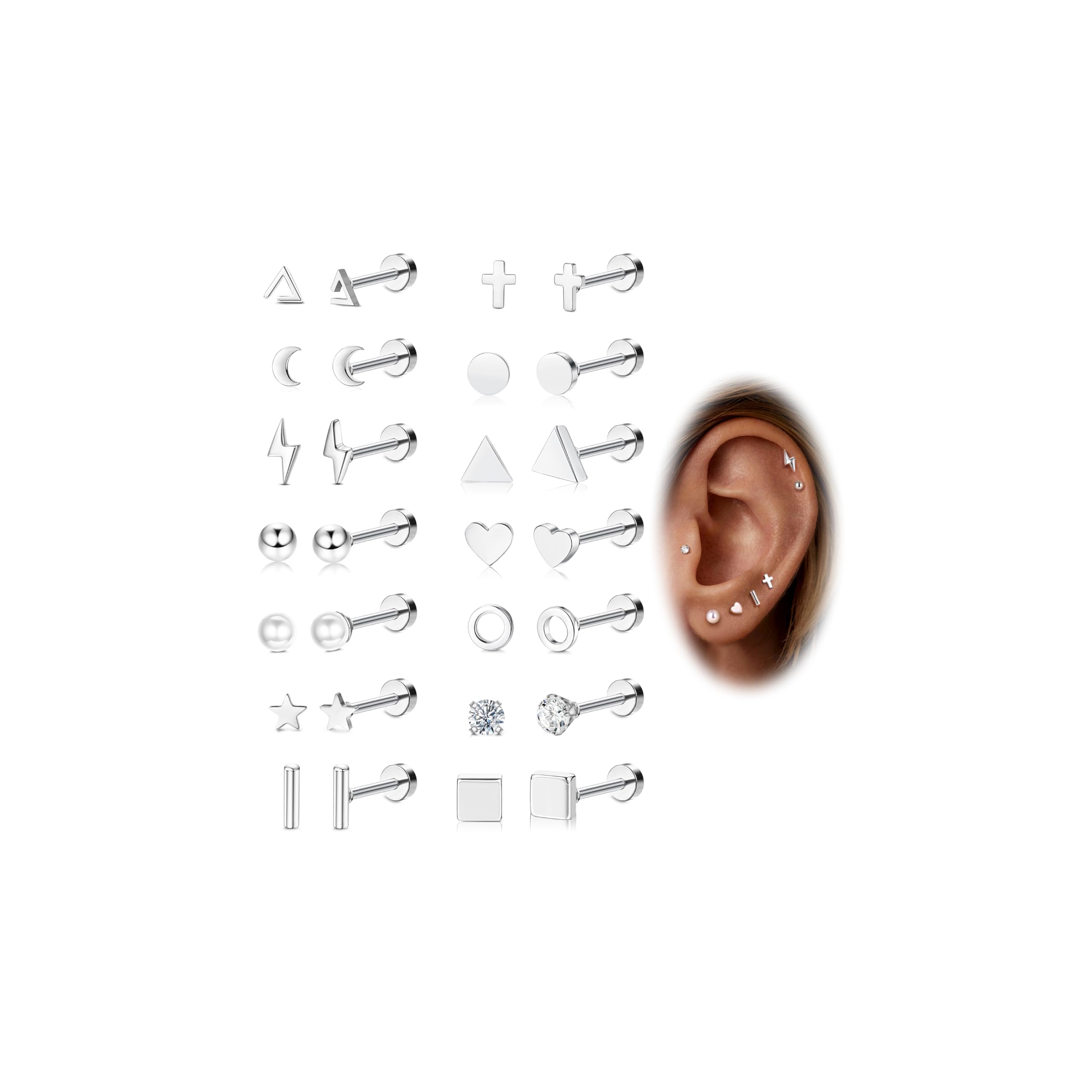 MILACOLATO 14Pairs Small Stud Earrings For Women Girls Kids Stainless Steel Hypoallergenic Geometric CZ Moon Star Triangle Cartilage Titanium Earrings Set Silver Butterfly Screw Flat Back Ear Studs Fl