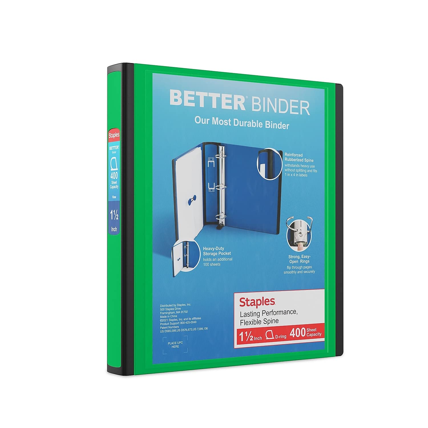 Staples 1-1/2 Inch Better View Binders with D-Rings, Green by Staples