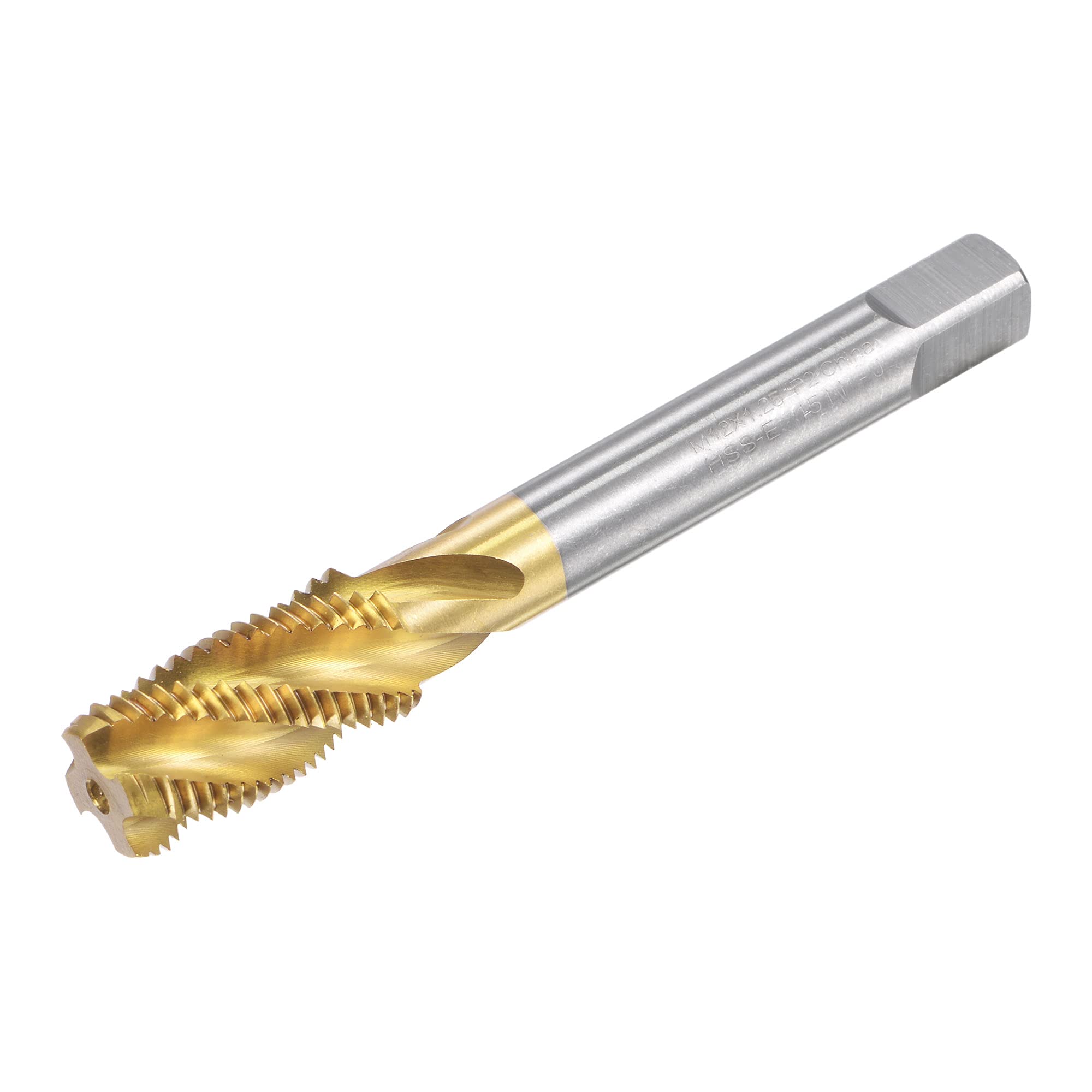 sourcing map Spiral Flute Threading Tap M12 x 1.25, Metric HSS (High Speed Steel) Titanium Plated Machine Thread Screw Tap 4 Flutes Tapping Tool H2 Tolerance
