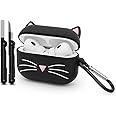 Dumkery Cute Airpods Pro Case, Black Whisker Cat Kitty Airpods Pro 2 Case, Funny 3D Cartoon Animals Shockproof Soft Silicone Charging Case Cover with Carabiner Cleaner Kit for Kids Girls Women