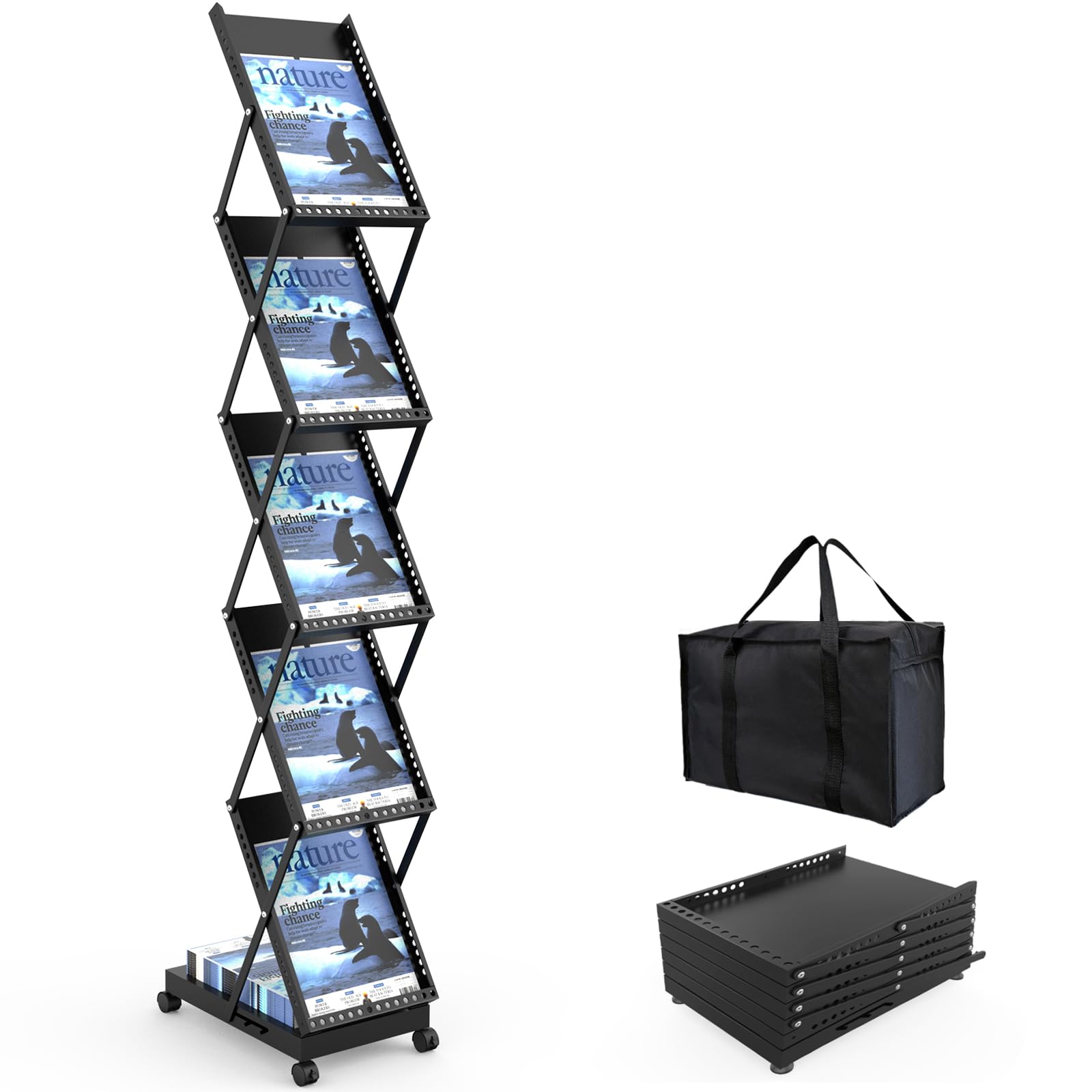 Foldable Aluminum Magazine Rack Floor Stand - 6 Pocket Display With Carrying Bag, Adjustable Height - View #6
