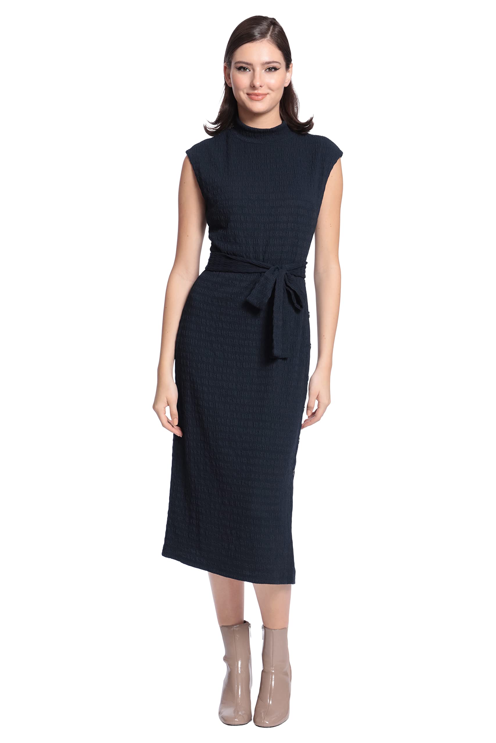 Photo 1 of Maggy London Women's Mock Neck Side Placket MIDI Dress, Navy, 14