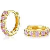 SILBERTALE 925 Sterling Silver Opal Hoop Earrings White/Blue/Pink/Green Opal Small Gold Plated Hinged Huggie Earrings 6/8/10mm