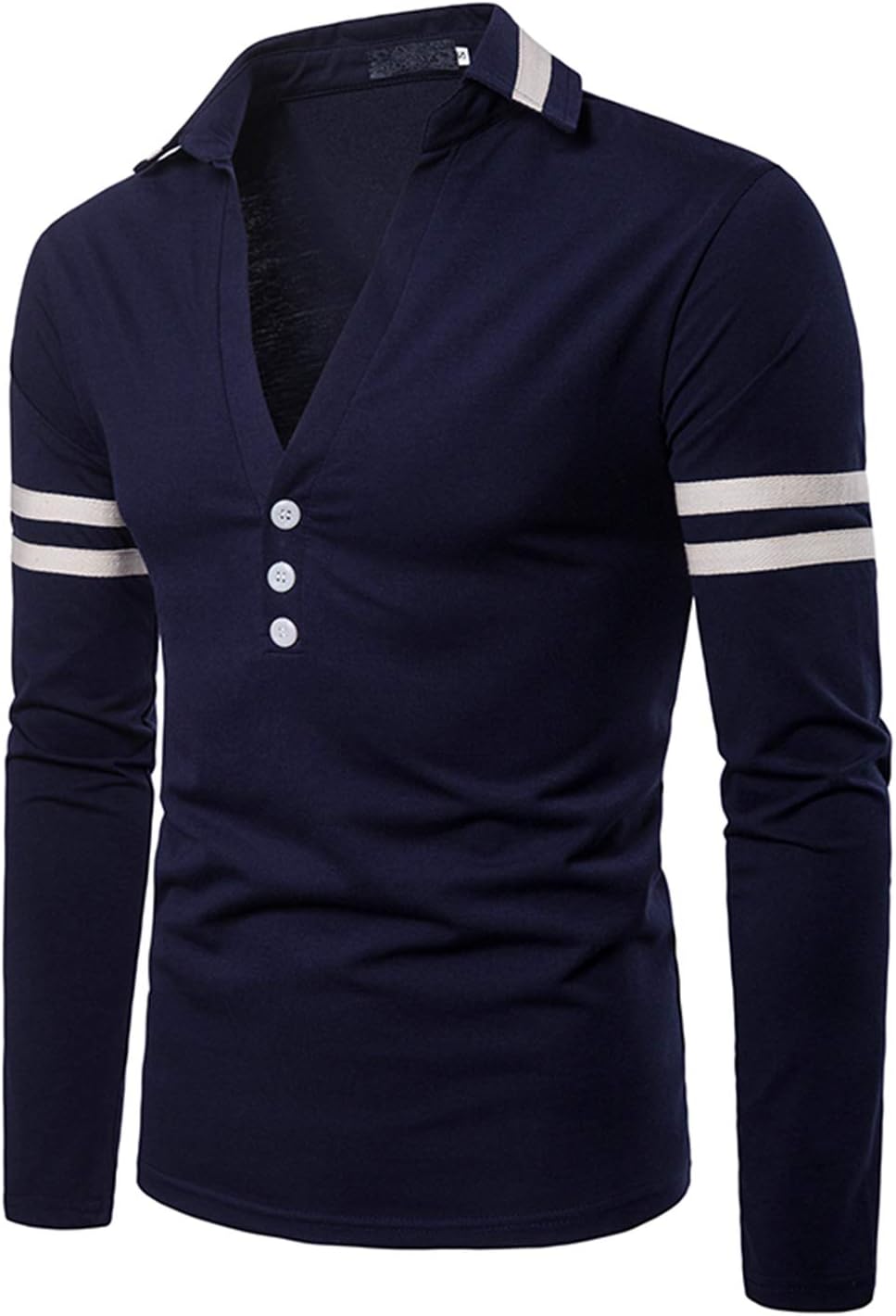 XTAPAN Men's Casual Solid Stripe Long Sleeve Slim Fit Polo Shirts Cotton T Shirt