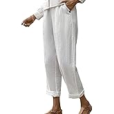 OYOANGLE Women's Linen Capris Pants Elastic Waist Straight Leg Palazzo Trousers with Pocket
