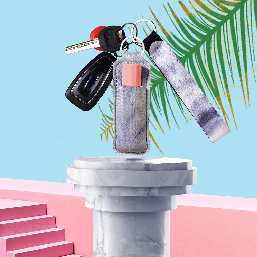 10 Pack Marble Chapstick Holder Keychain Lipstick Holder Keychains Chapstick Keyring Holder and Key Chain Lanyard Wristlet for Chapstick Tracker Safeguard (Marble A)