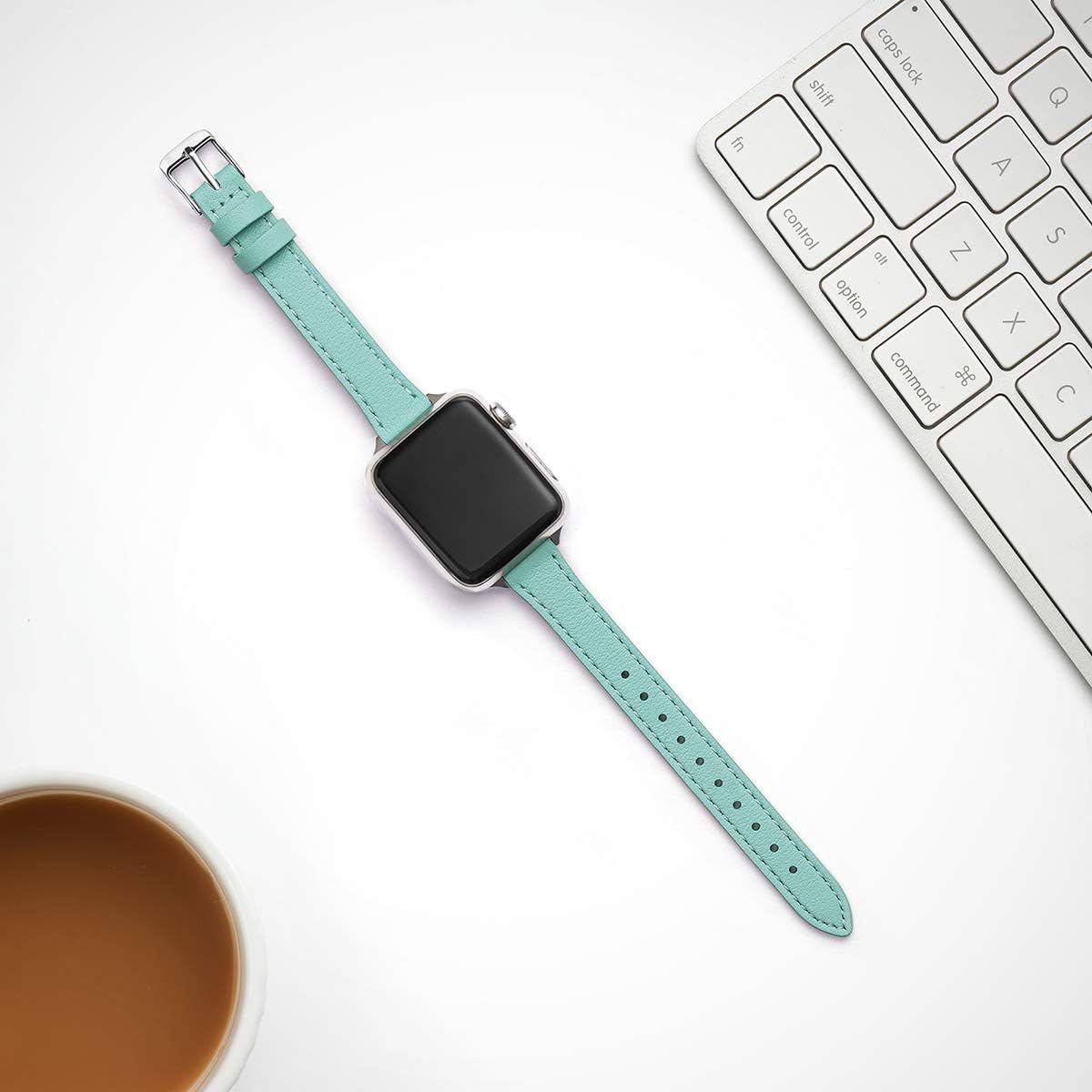SUNFWR Compatible with Apple Watch Strap 38mm 40mm 41mm,Genuine Leather Strap Replacement,Slim&Thin Wristband for iwatch Series 7/6/5/4/3/2/1,SE(38mm 40mm 41mm,Tiffany blue&Silve) - Image 5