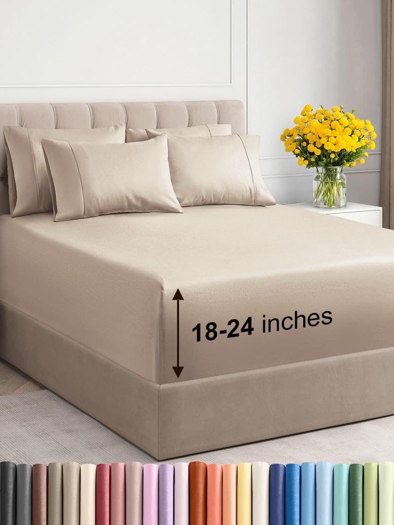 Photo 1 of Extra Deep Cal King Sheet Set - 6 Piece Breathable & Cooling Sheets - Hotel Luxury Bed Sheets Set - Easy & Secure Fit - Soft, Wrinkle Free & Comfy Sheets Set - Wheat Sheet Set with Extra Deep Pockets