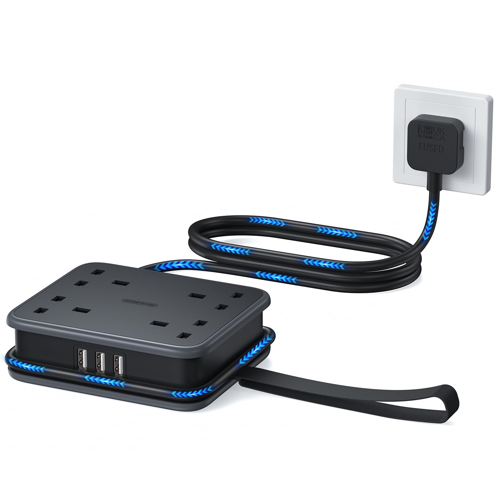 NTONPOWER Extension Lead with USB Slots, 4 Way Extension Lead（3 USB-A Ports）, Wall Mounted Extension cord with 3250W 13A 1.6M Extension Cord, Multi Plug for Home Office Travel