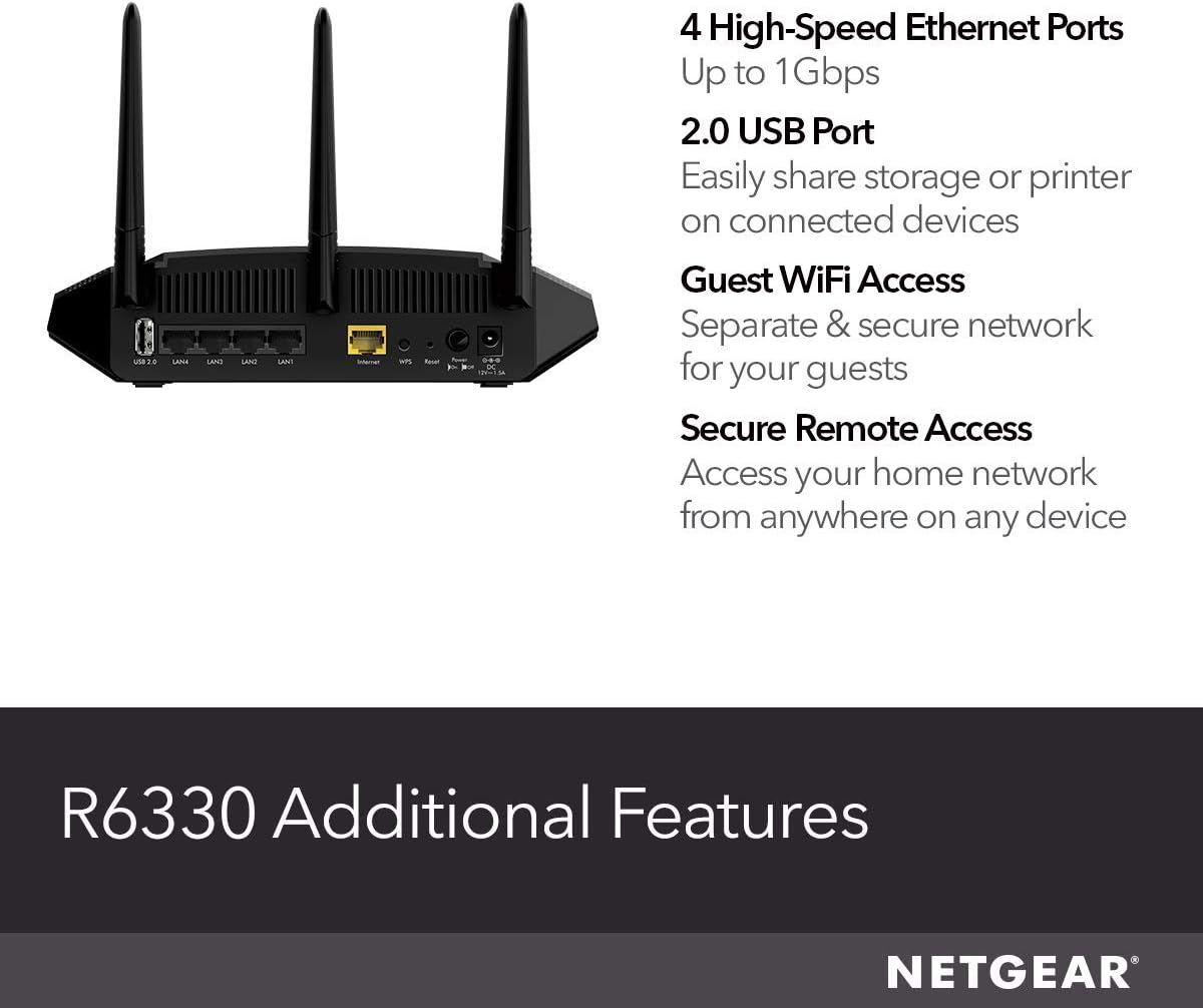NETGEAR WiFi Router (R6330) - AC1600 Dual Band Wireless Speed (up to 1600 Mbps) | Up to 1200 sq ft Coverage & 20 Devices | 4 x 1G Ethernet and 1 x 2.0 USB Ports (R6330-1AZNAS): Computers & Accessories