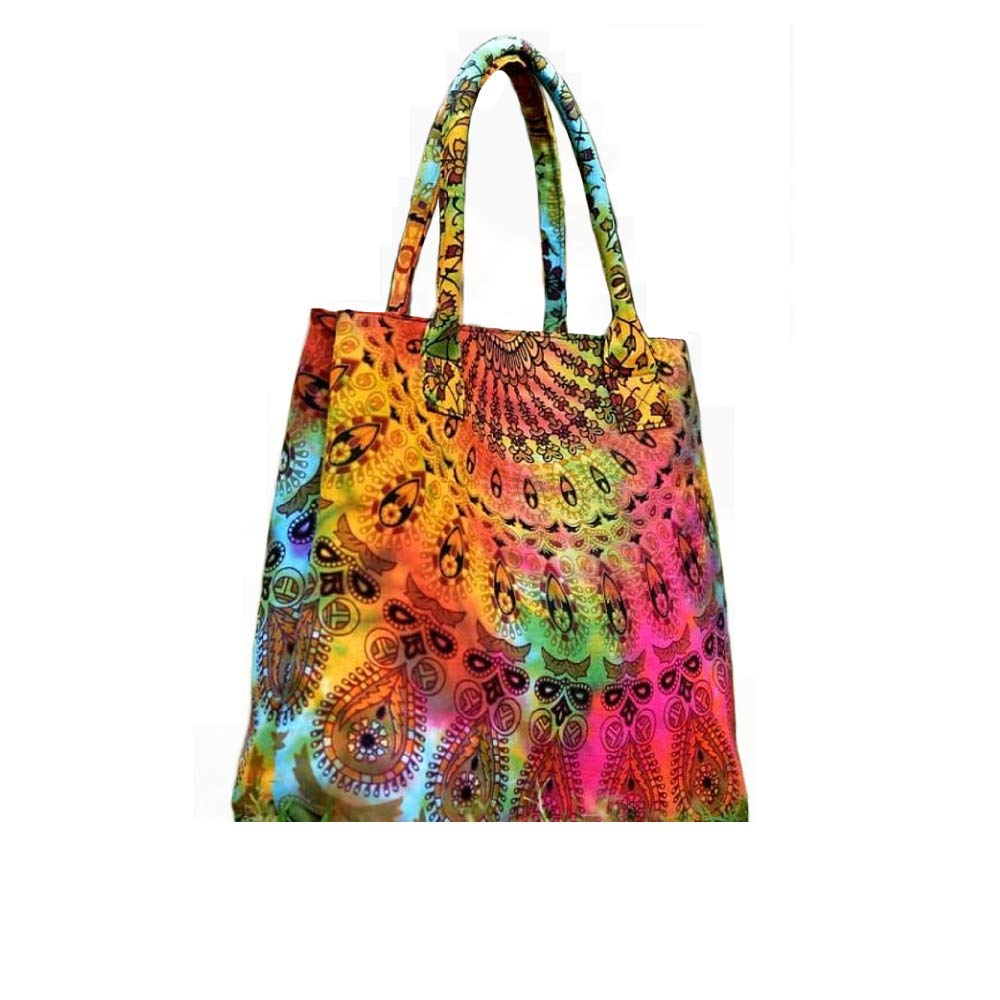 BellaMira Lifestyle Accessories Organic Cotton Tote Bag Bohemian Dreamy Exotic Mandala Flower Handbags Shopping Bag For Girls Womens Unisex (Rainbow Handbag)