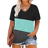 DOLNINE Plus-Size Tops for Women V Neck T Shirts Summer Tunics with Pocket