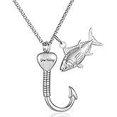 STEFWD Fish Hook Urn Necklace For Men Stainless Steel Cremation Jewelry For Ashes Of Loved Ones Keepsake Pendant Dad Gone Fishing