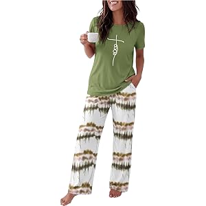 Ekouaer Pajama Set for Women 2 Piece Pjs Short Sleeve Top and Printed Pants | Womens Round Neck Lounge Sets Short Sleeve Slee