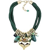 Florate Gold Color Heart Pendant Necklace for Women Rope Chain Chunky Statement Stone Fashion Wood Bead Handmade Unique Bold Jewelry