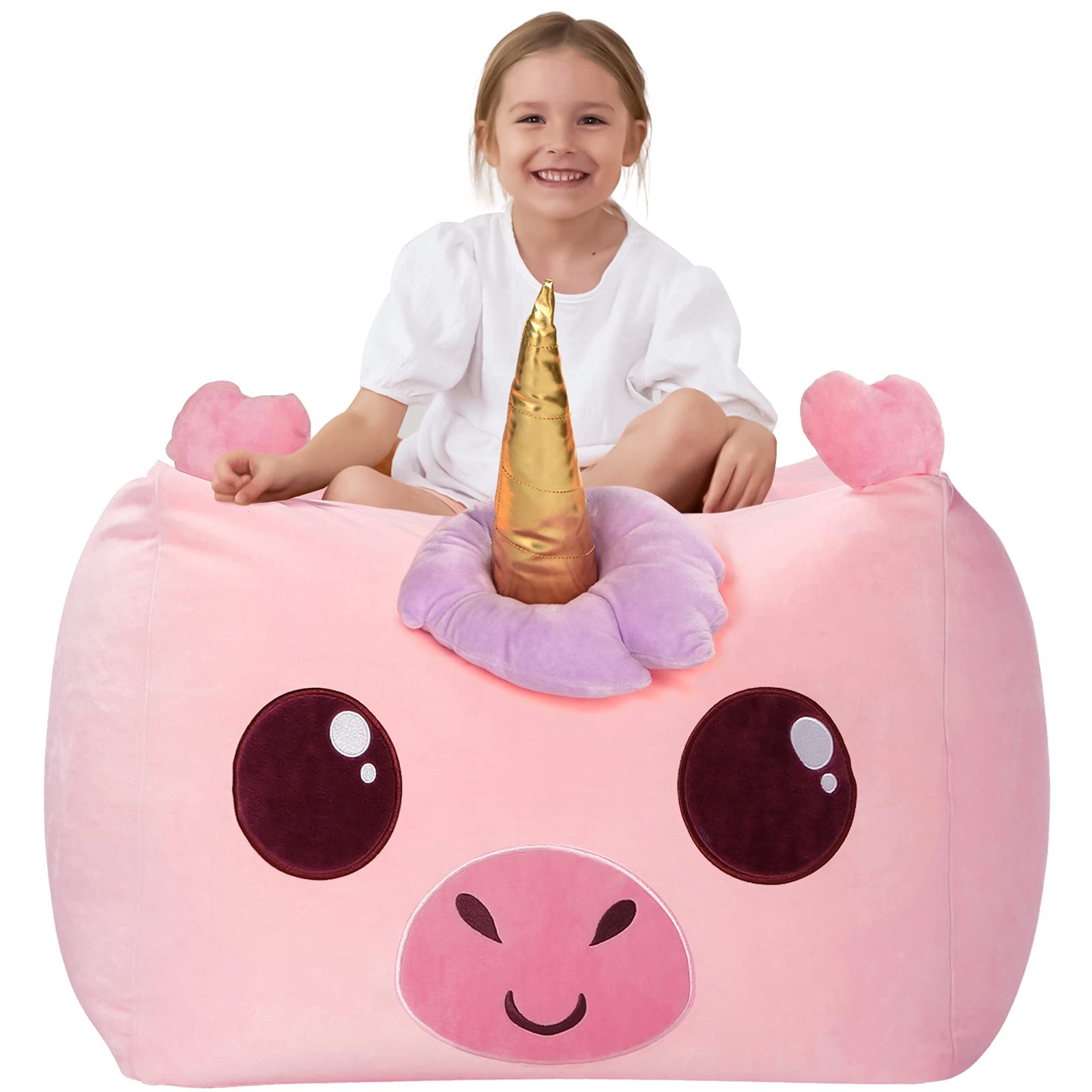 Aubliss Unicorn Stuffed Animal Storage Bean Bag Chair for Kids, Velvet Extra Soft Beanbag Chairs Cover, X-Large Stuffable Zipper Bean Bag for Organizing Plush Toys Girls Bedroom Decor, Pink