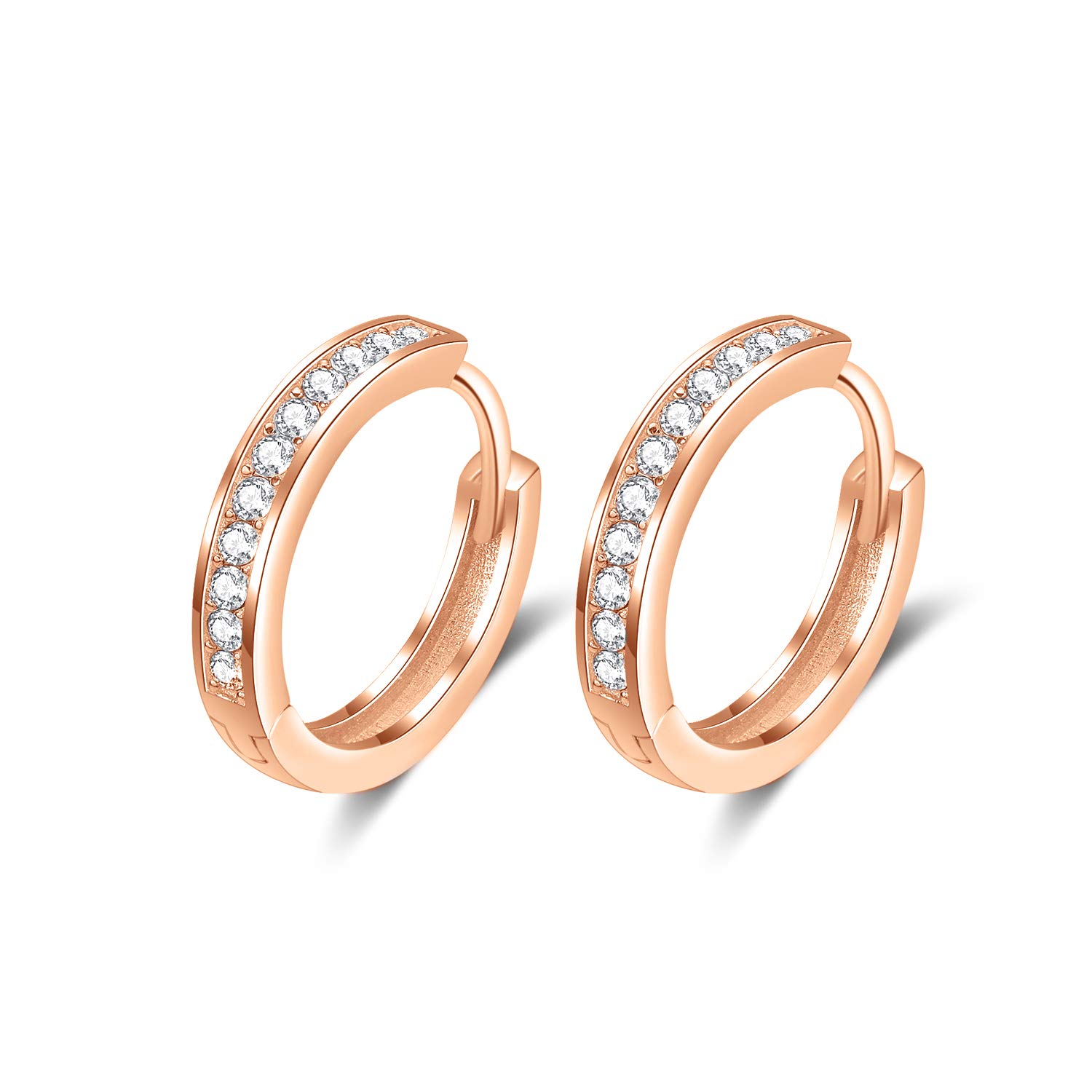 925 Sterling Silver Small Huggie Hoop Earrings with Cubic Zirconia Sleeper Earrings for Women Girls (White, 18ct Rose Gold Plated Silver) — image 1
