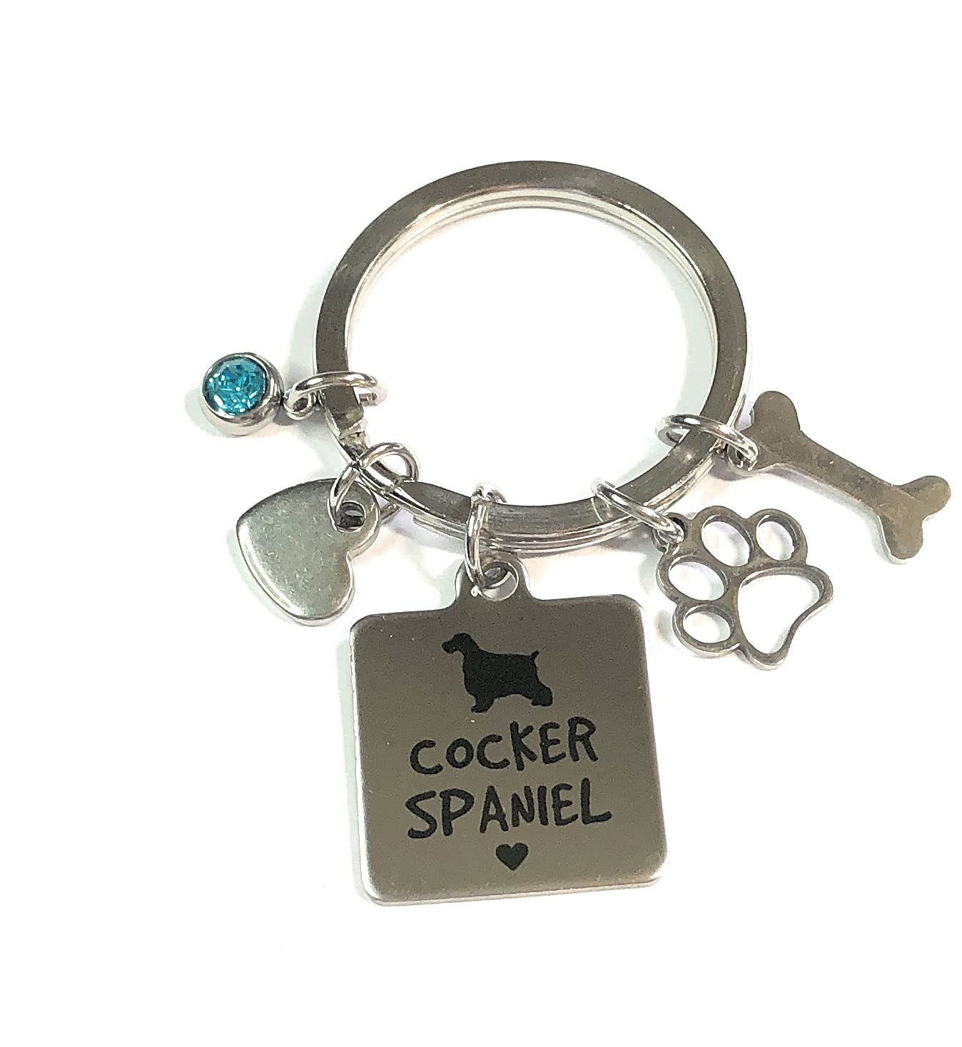 FizzyButton Gifts Cocker Spaniel Puppy Dog Keyring Key Ring with Turquoise Rhinestone and Stainless Steel Bone, Paw and Heart Charms