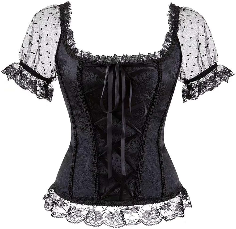 Overbust Corset Tops for Women with Sleeves Zip Floral Lace up Bustier