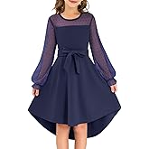 grewley Girls Dresses Puff Long Sleeve Mesh A Line Casual Formal Party Dresses Belted Dress with Pockets 5-14 Years