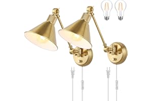 TRLIFE Wall Sconce Plug in, Dimmable Wall Sconces Set of 2 Wall Lights with Plug in Cord and Dimmer On/Off Knob Switch, Brushed Brass Swing Arm Wall Light, UL Listed(2 Pack, 2 Bulbs)