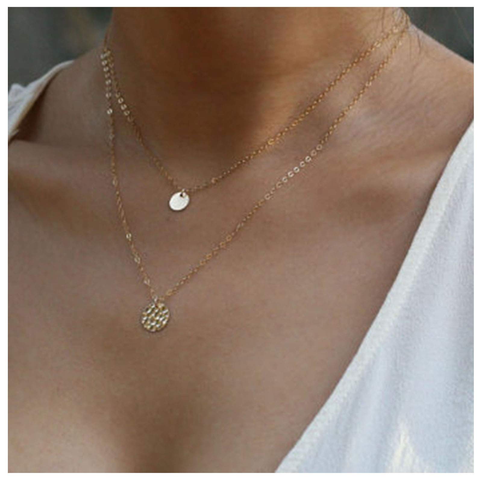 TseenYi Layering Coin Disc Necklace Chain Gold Hammered Coin Dot Pendant Necklace Vintage Adjustable Clavicle Chain Necklaces Jewelry for Women and Girls (Gold)