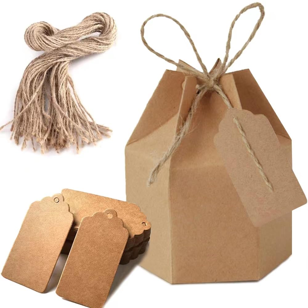 50 Kraft Gift Boxes, Hexagonal Kraft Paper Candy Boxes with Tags and Jute Twine for Wedding Anniversary Party
