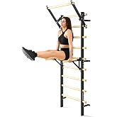 GymYard Swedish Ladder, Wood Stall Bar, Swedish ladders Wall Gym Adult, Adjustable Pull Up and Dip Station for Adults and Kids, 9-Anchor Solid Pine, Home Fitness