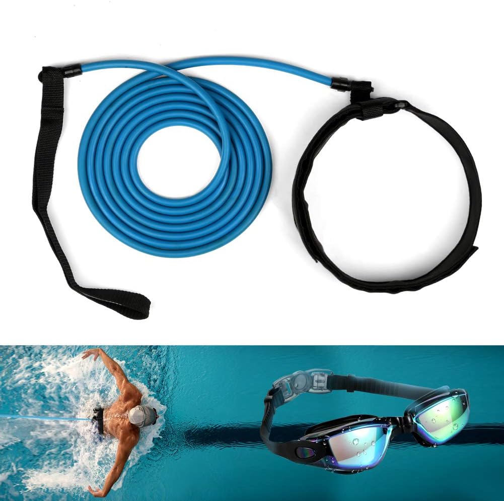 EXCELFU Swim Training Belt Bungee Cord Swim Tether Stationary Swimming Resistance Band Pool Swim Training Leash Static Swim Exercise Harness for Kids Adults with Swim Goggles